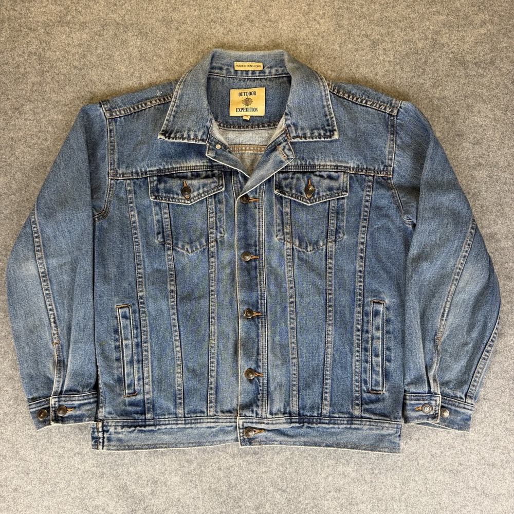 Outdoor Expedition Vintage Denim Jacket Blue Trucker Jean Coat Mens Size M Y2K